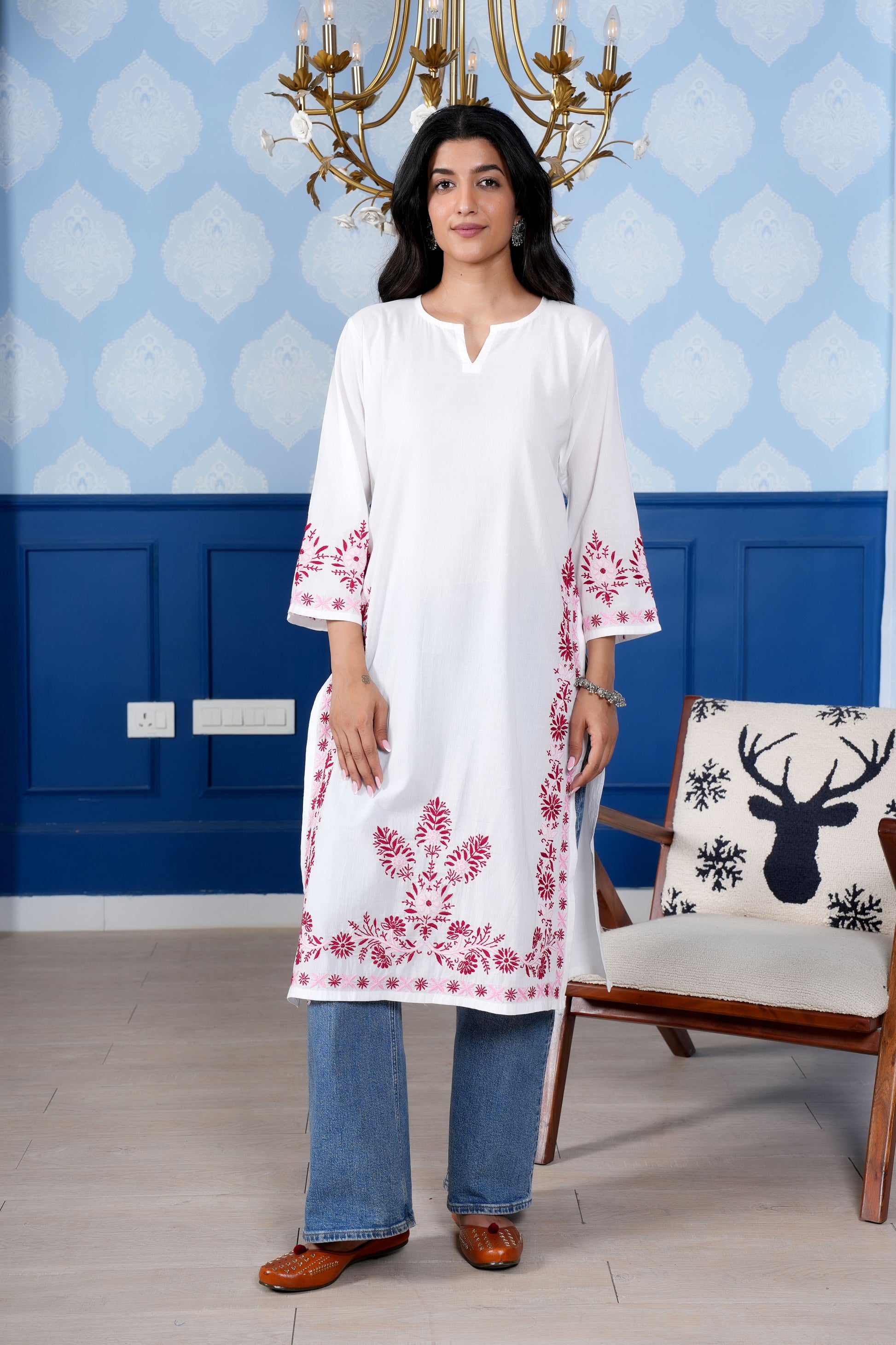 This kurta set intricate baby red & pink chikankari detailing enhances