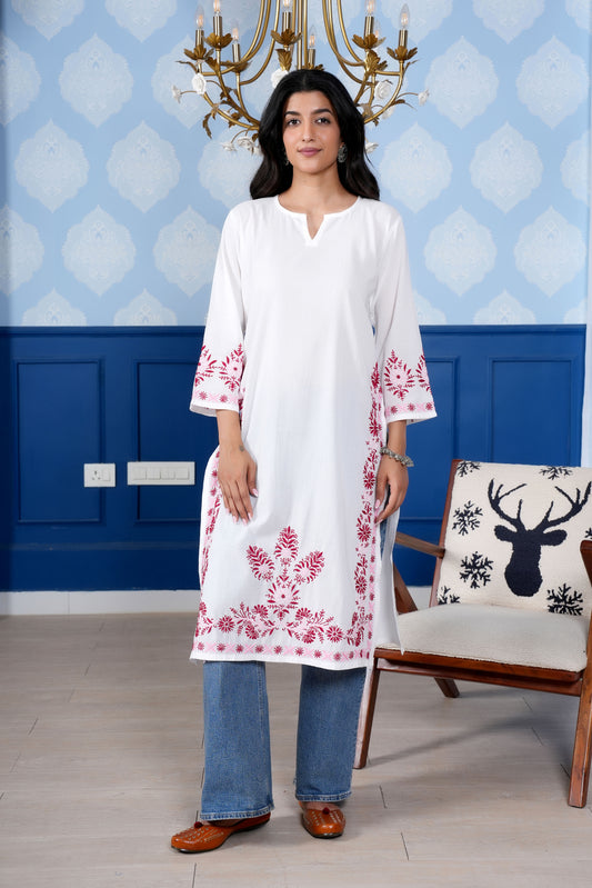 This kurta set intricate baby red & pink chikankari detailing enhances