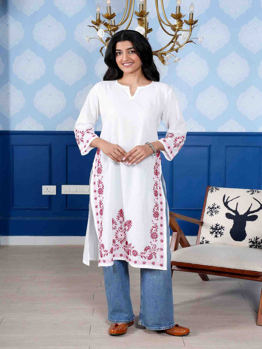 Sharvari Notch Neck Long Chikankari Kurta – White