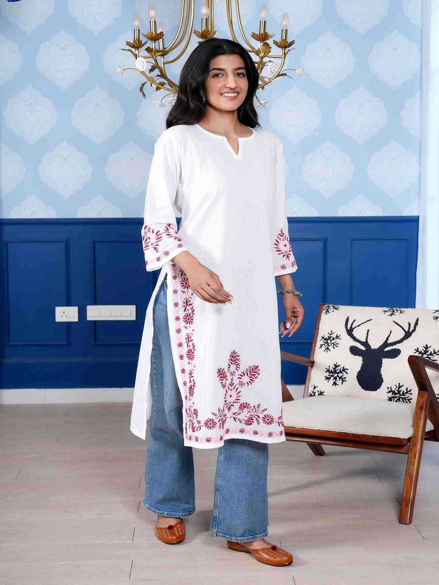 Sharvari Notch Neck Long Chikankari Kurta – White