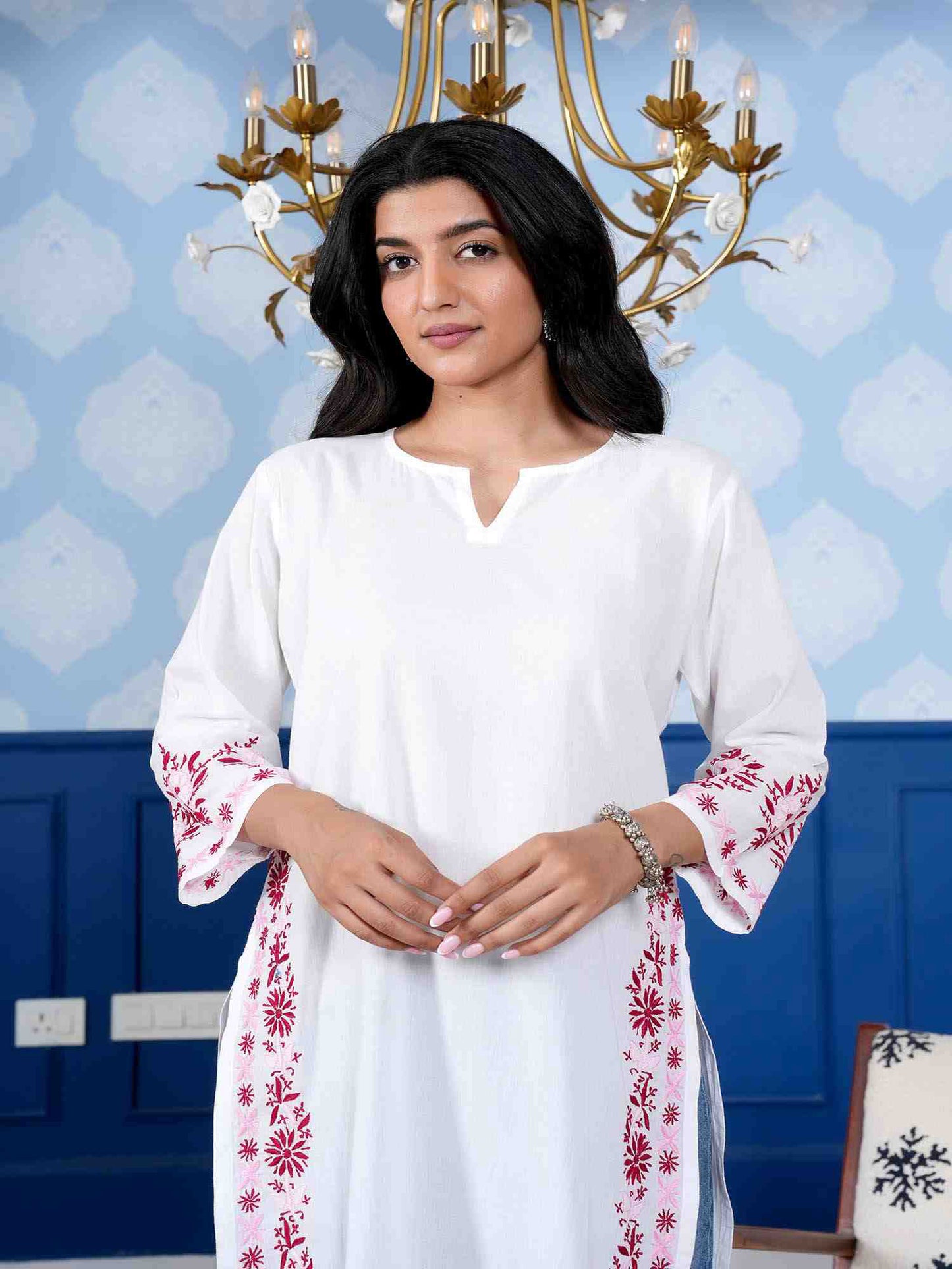 Sharvari Notch Neck Long Chikankari Kurta – White