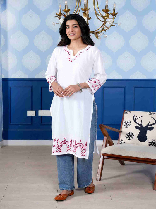 Kashika Pink Embroidery Chikankari Kurta – White