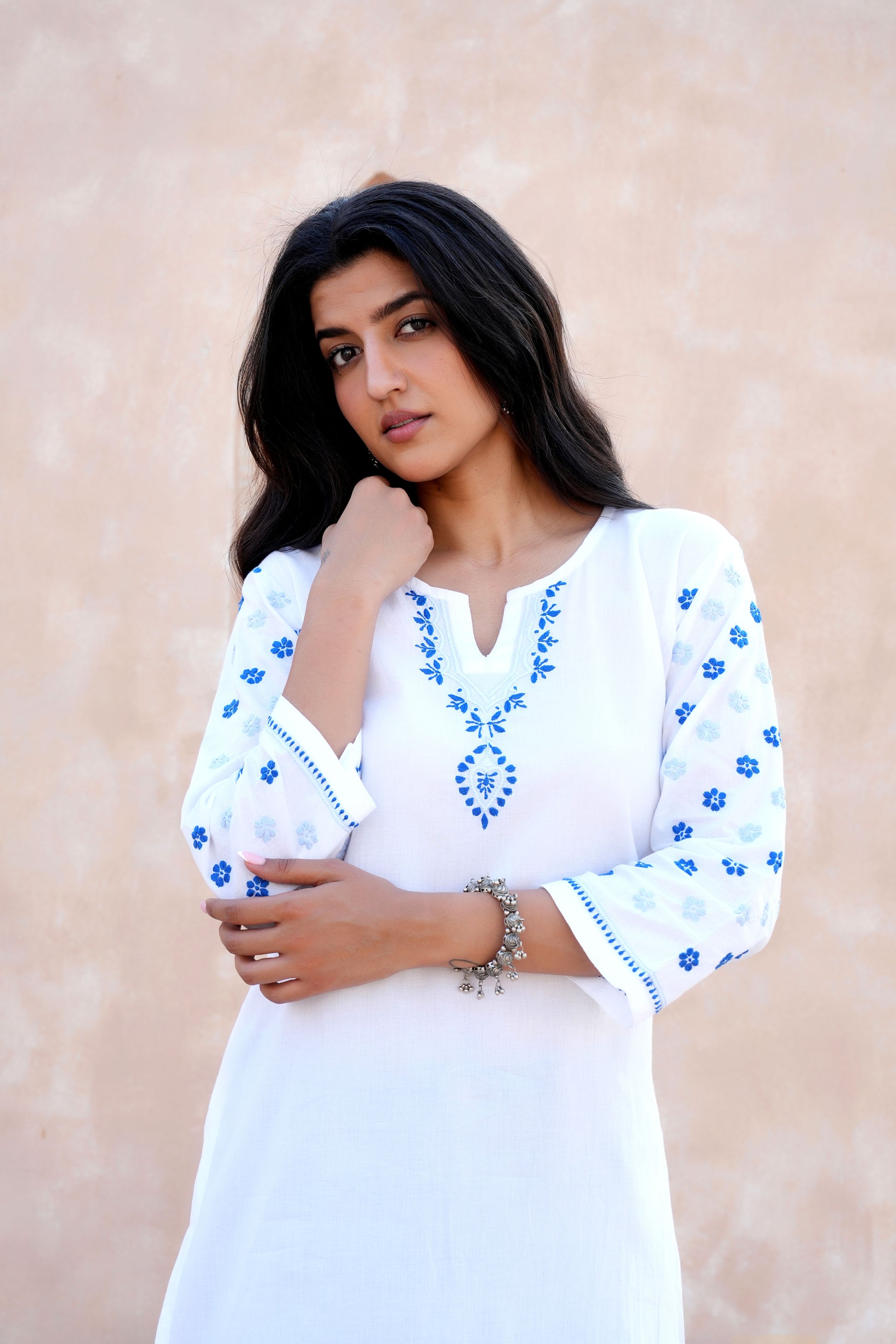 White and bule Chikankari Long Kurta 