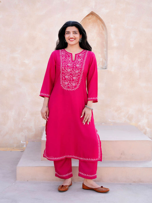 Devika  Chikankari Kurta Set with Baby Pink Embroidery