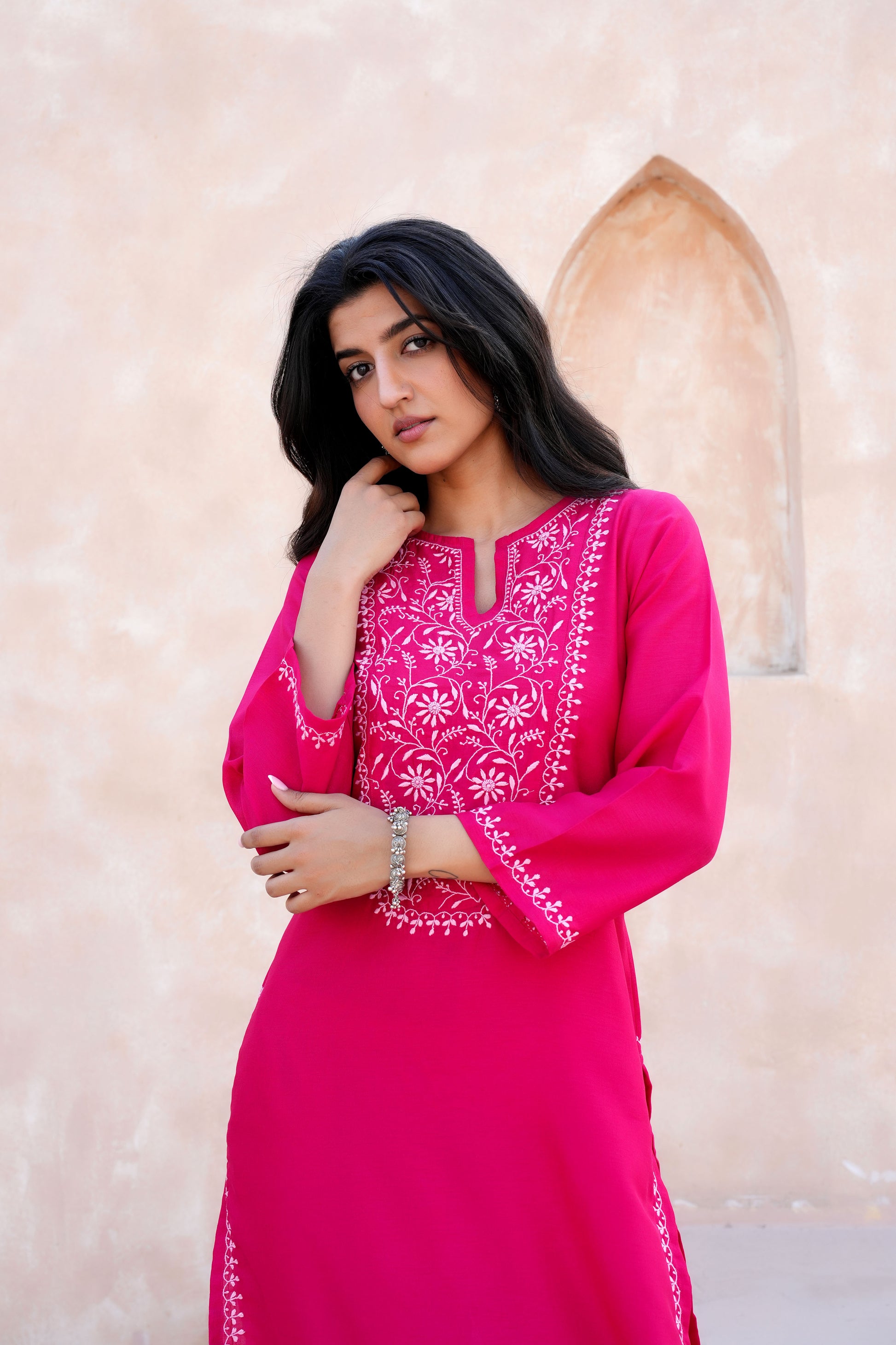 the elegantly embellished Pink kurta set is made from very premium and skin friendly poly silk fabric.