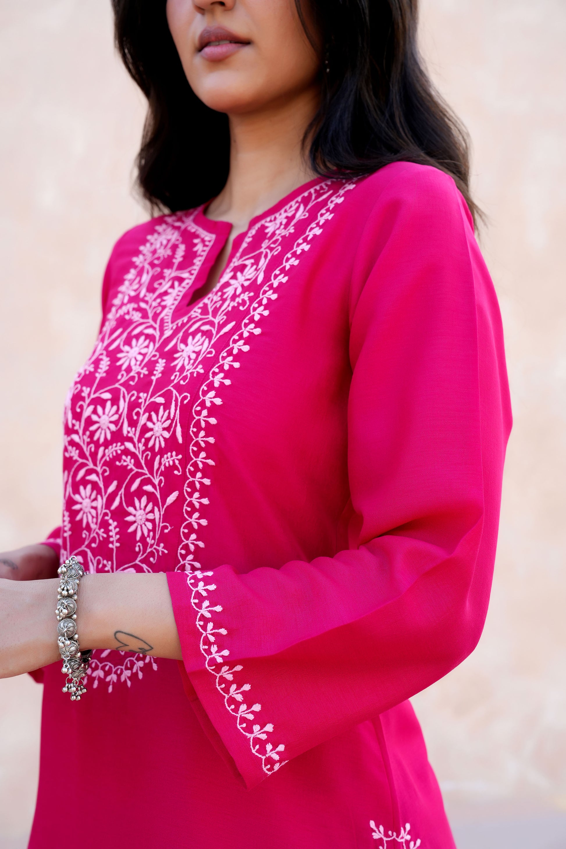 Hot Pink Notch Neck Chikankari Kurta Set