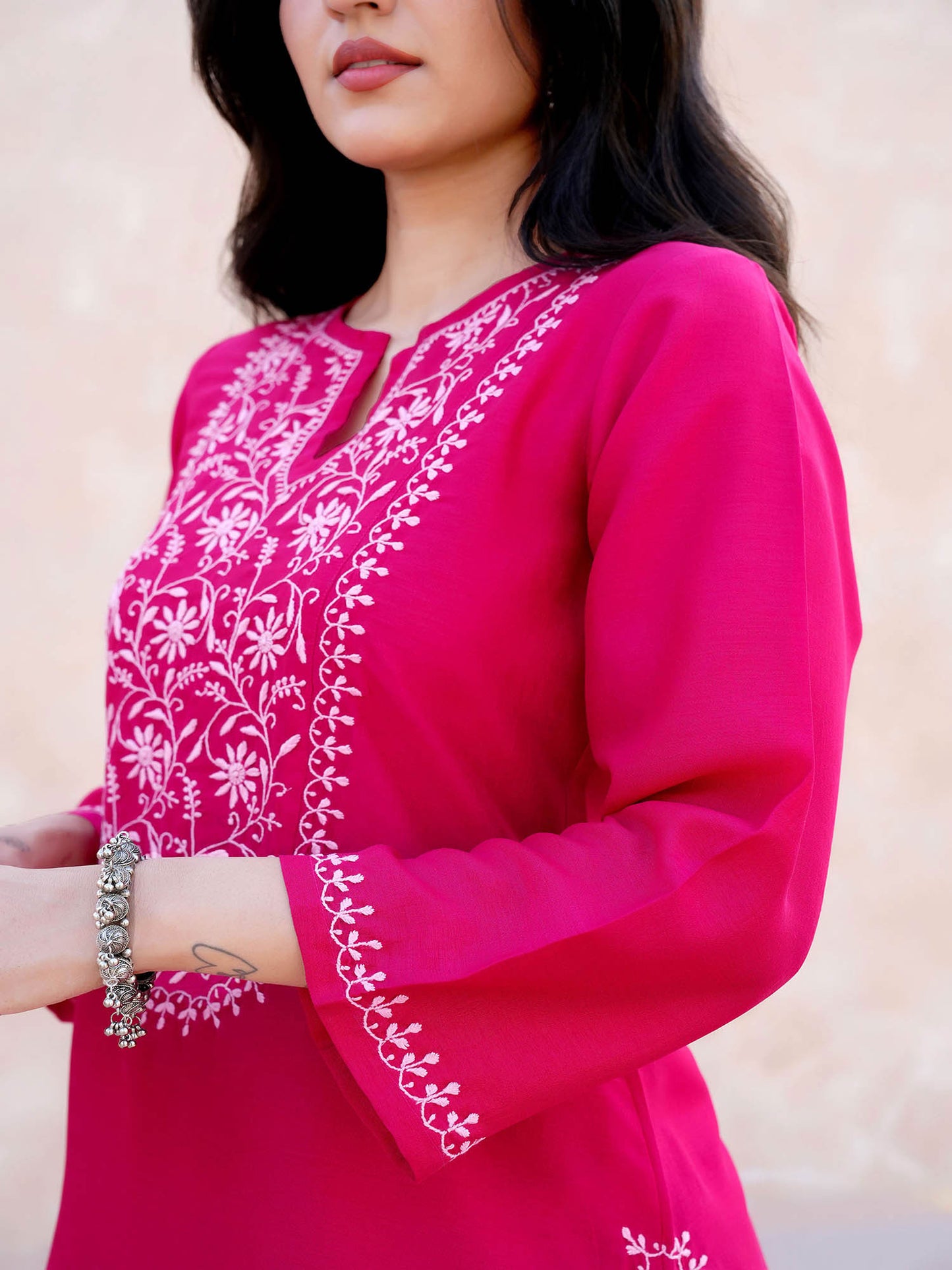 Devika  Chikankari Kurta Set with Baby Pink Embroidery