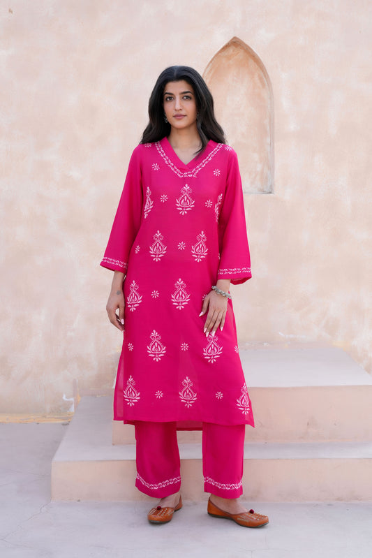 this poly silk Chikankari kurta perfect blend of modern style and traditional charm.