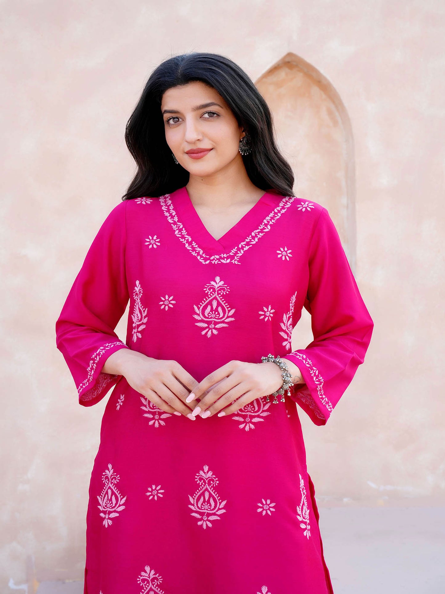 Bhavya  Chikankari Kurta Set on Silk – Classic V Neck