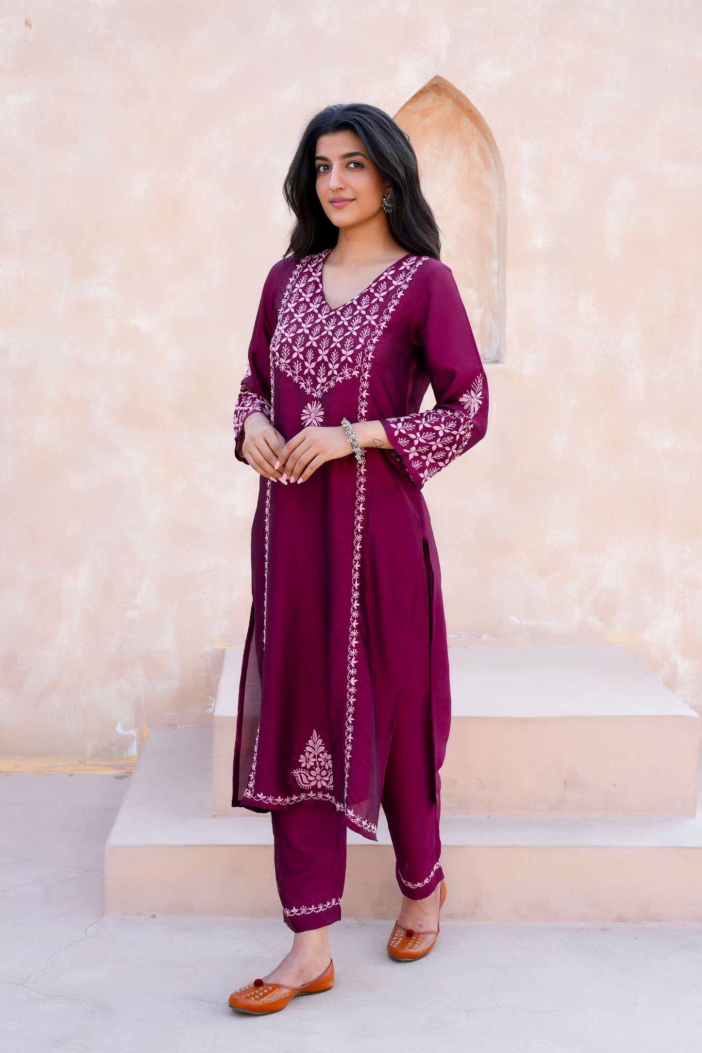 A slightly crinkled texture and a soft, flowing drape.