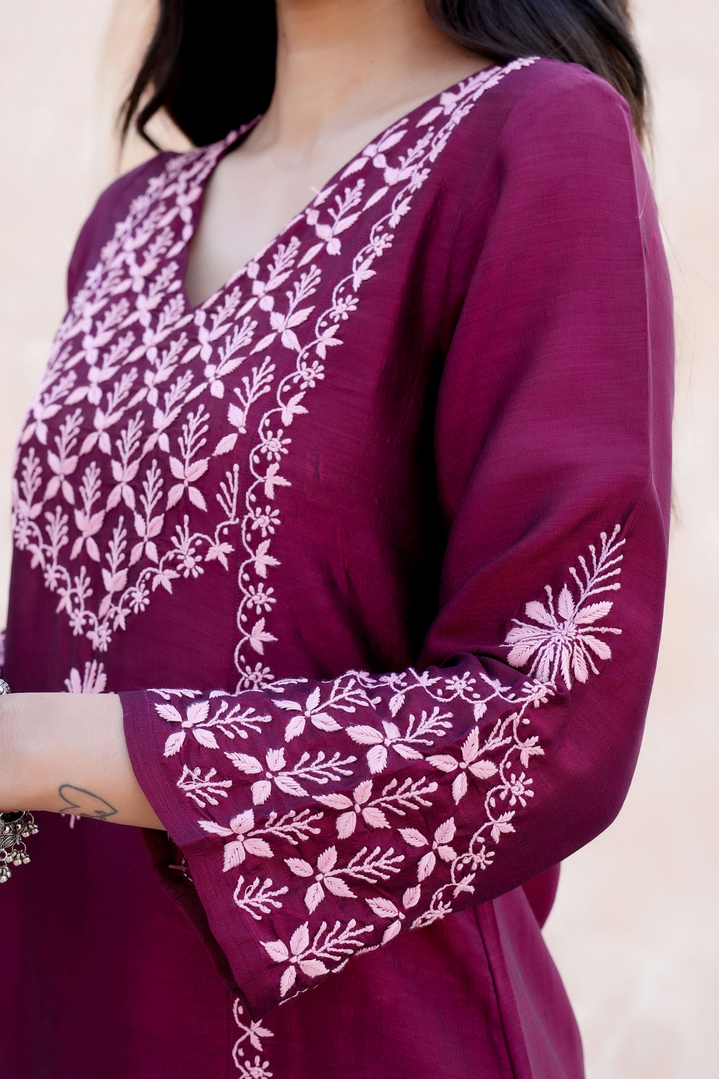 Wine Poly Silk Chikankari Kurta Set