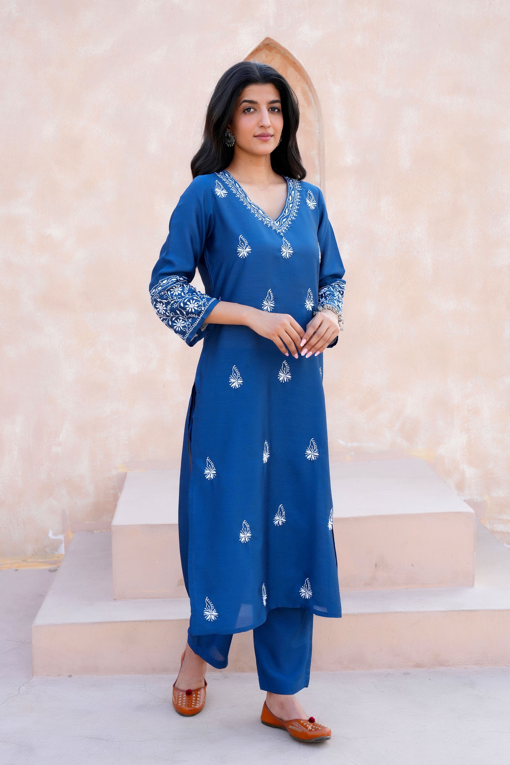 Teal Blue V-Neck Chikankari Kurta Set