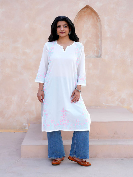 Jivika Pink & Blue Embroidery Chikankari Kurta – White