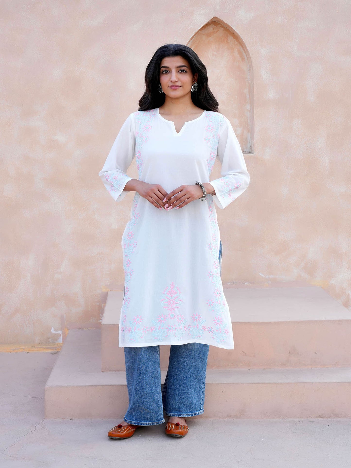 Jivika Pink & Blue Embroidery Chikankari Kurta – White