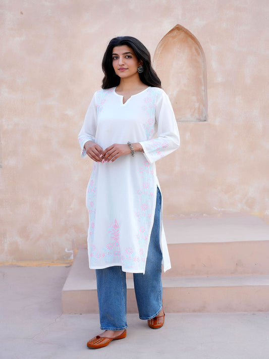 Jivika Pink & Blue Embroidery Chikankari Kurta – White