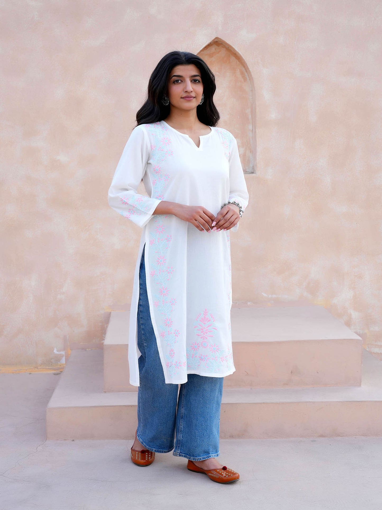 Jivika Pink & Blue Embroidery Chikankari Kurta – White