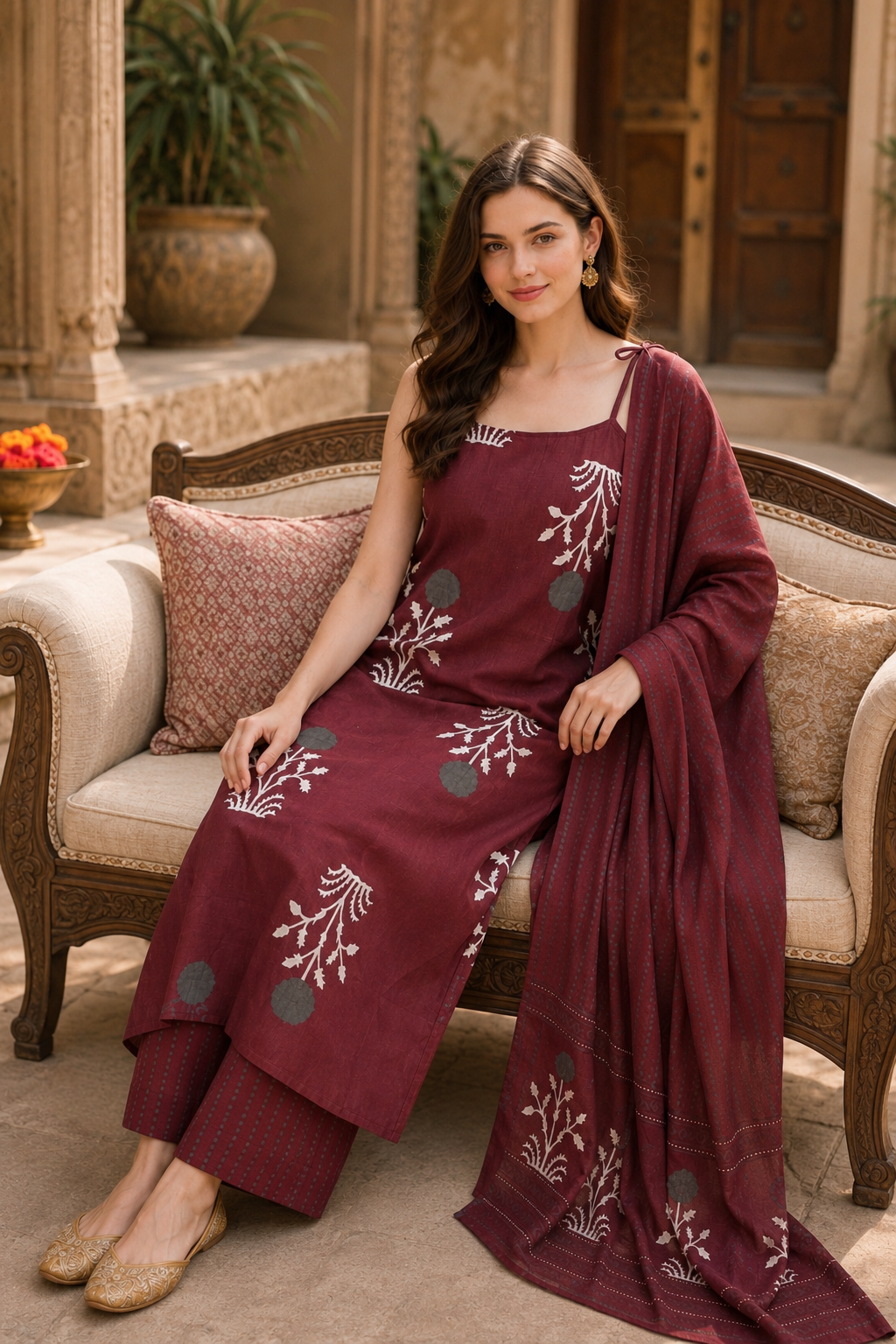 Cherry  Handblock Pure Cotton Kurta Set With Dupatta