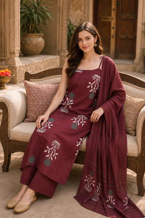 Cherry  Handblock Pure Cotton Kurta Set With Dupatta