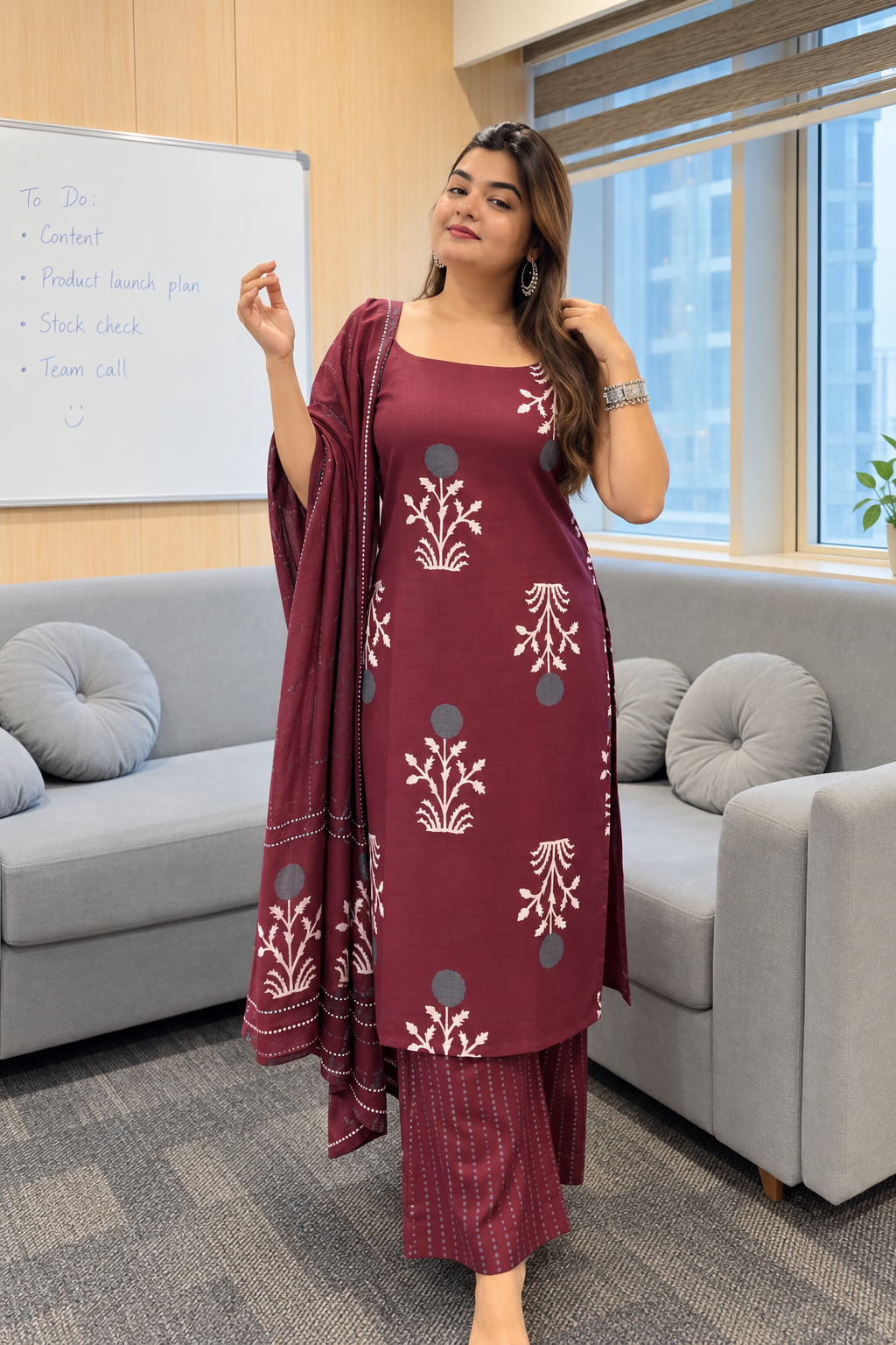 Cherry  Handblock Pure Cotton Kurta Set With Dupatta