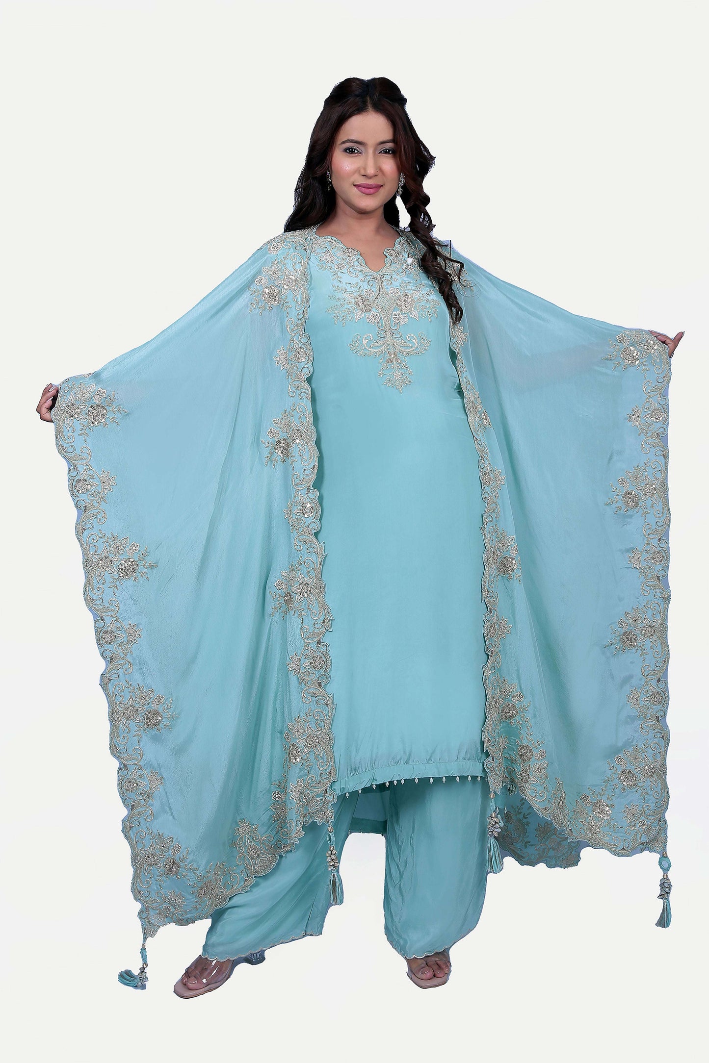 embellished cape, kurta and pallazo set