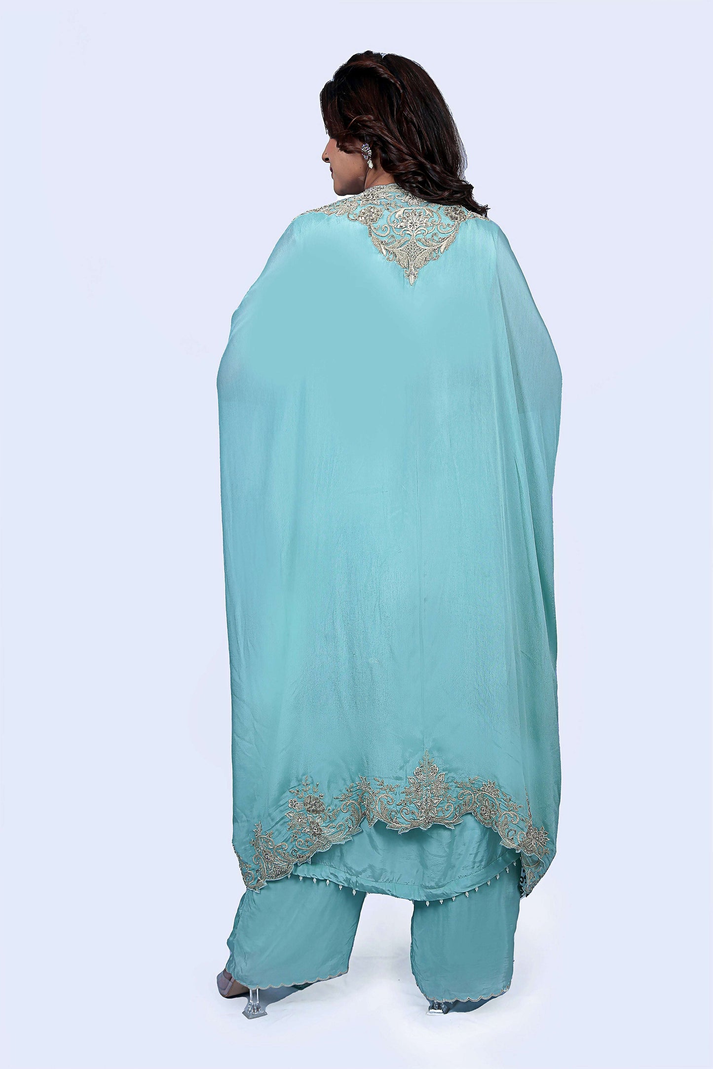 blue color with heavily embellished cape, kurta and pallazo set