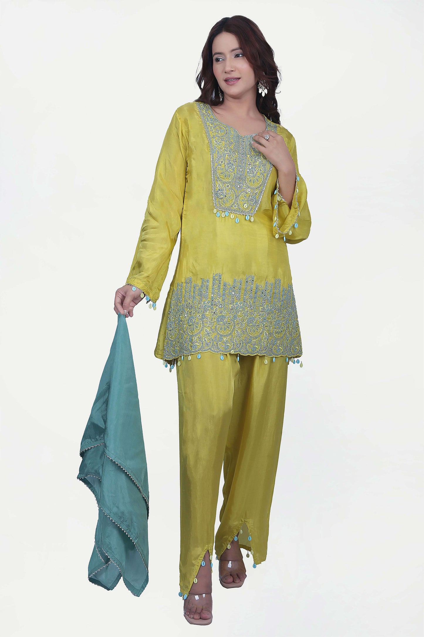 colorful seashell pattern to provide a blend of modern designs Kurta, pant and scarf