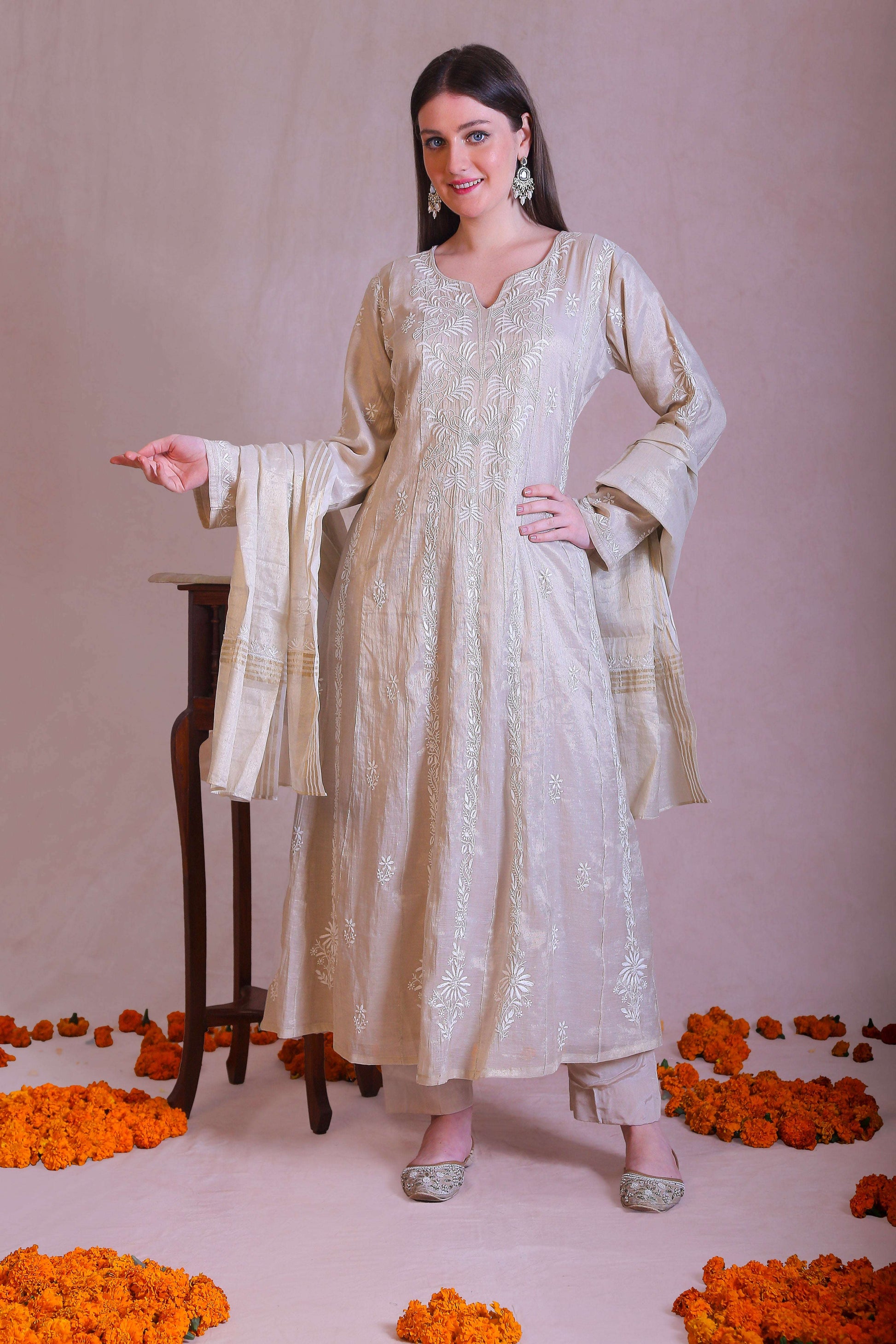 Anarkali Suit Set with Chikankari work on tissue