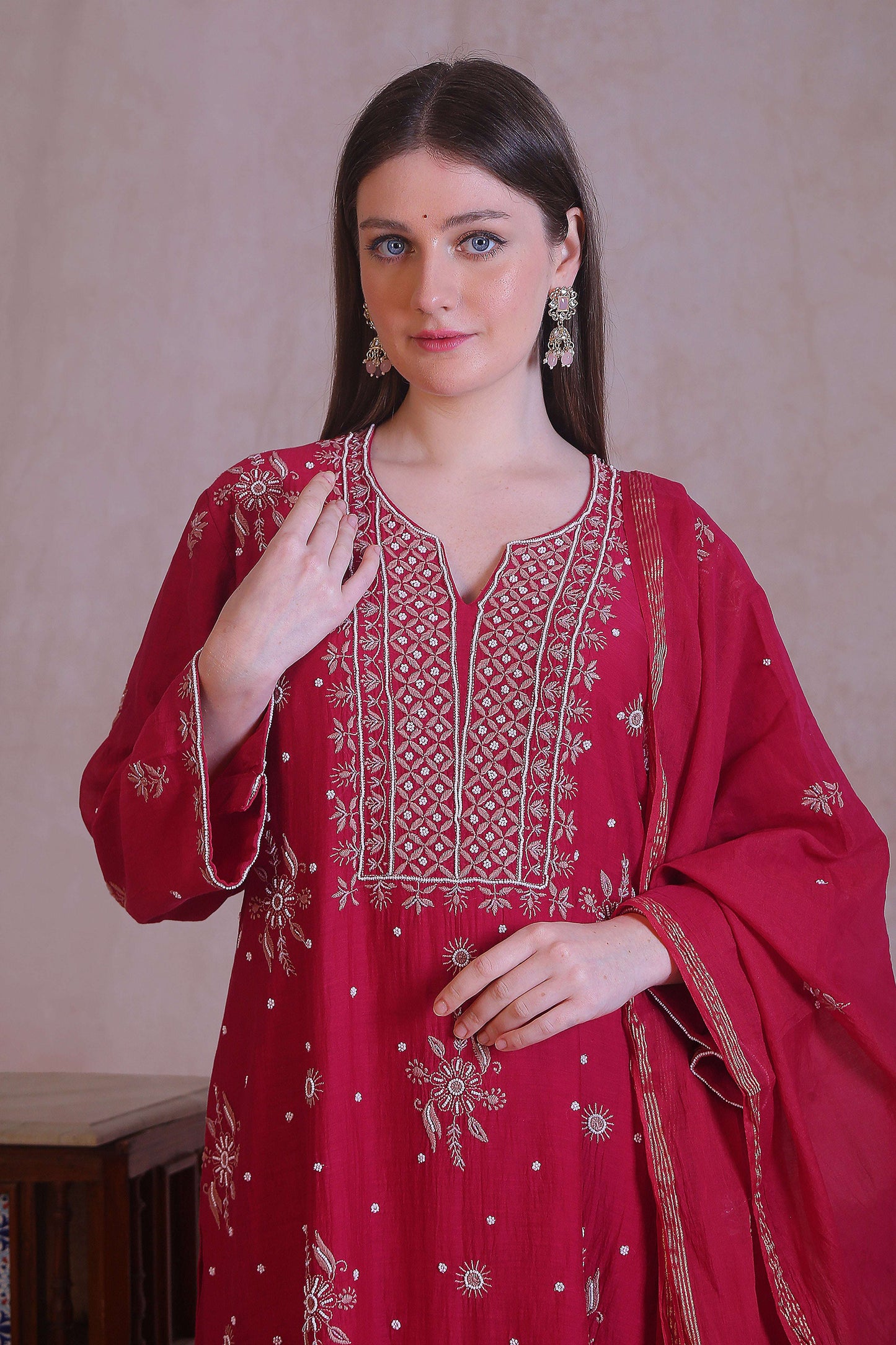 Red Chanderi silk Kurta, Pant with Dupatta