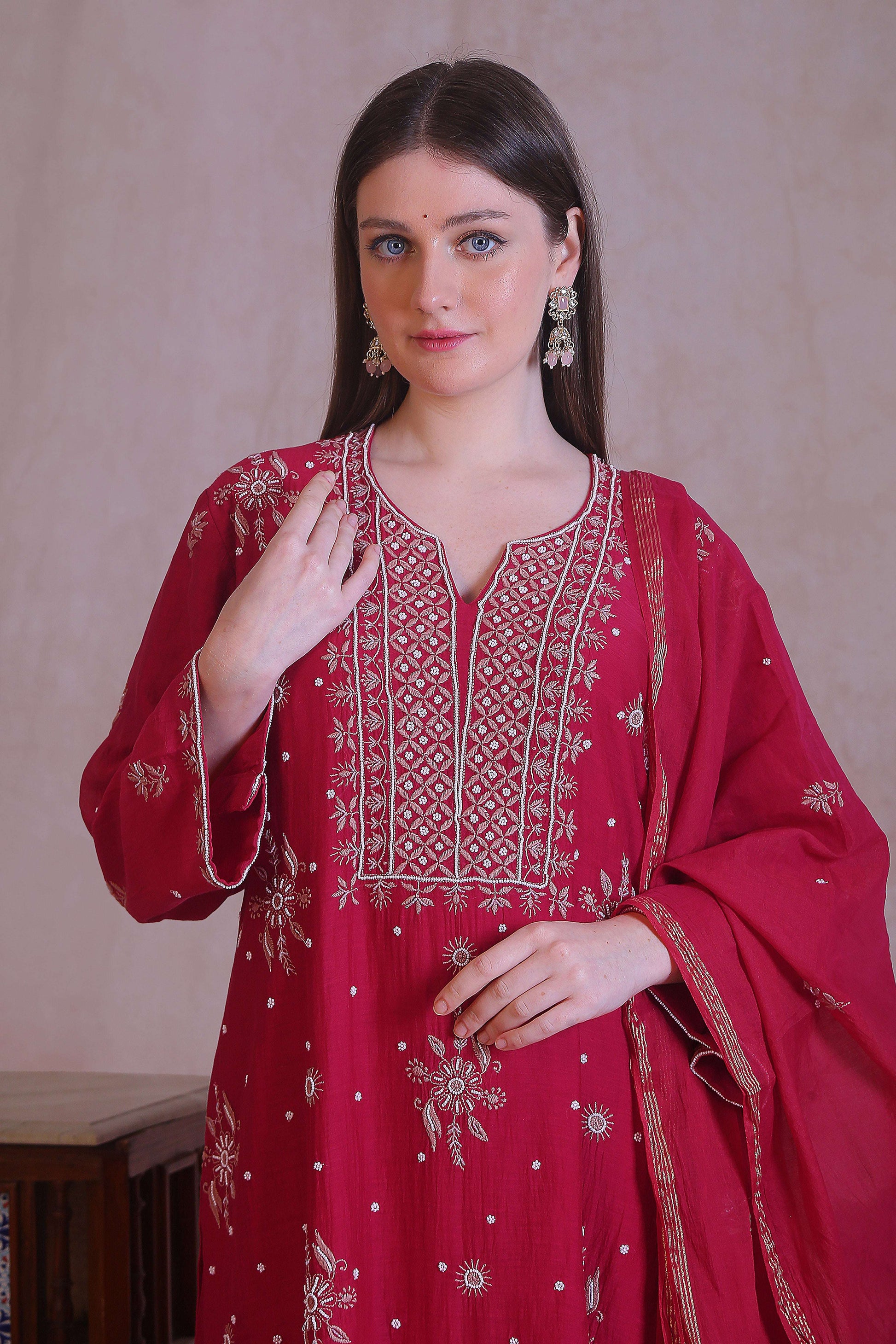 Red Chanderi silk Kurta, Pant with Dupatta