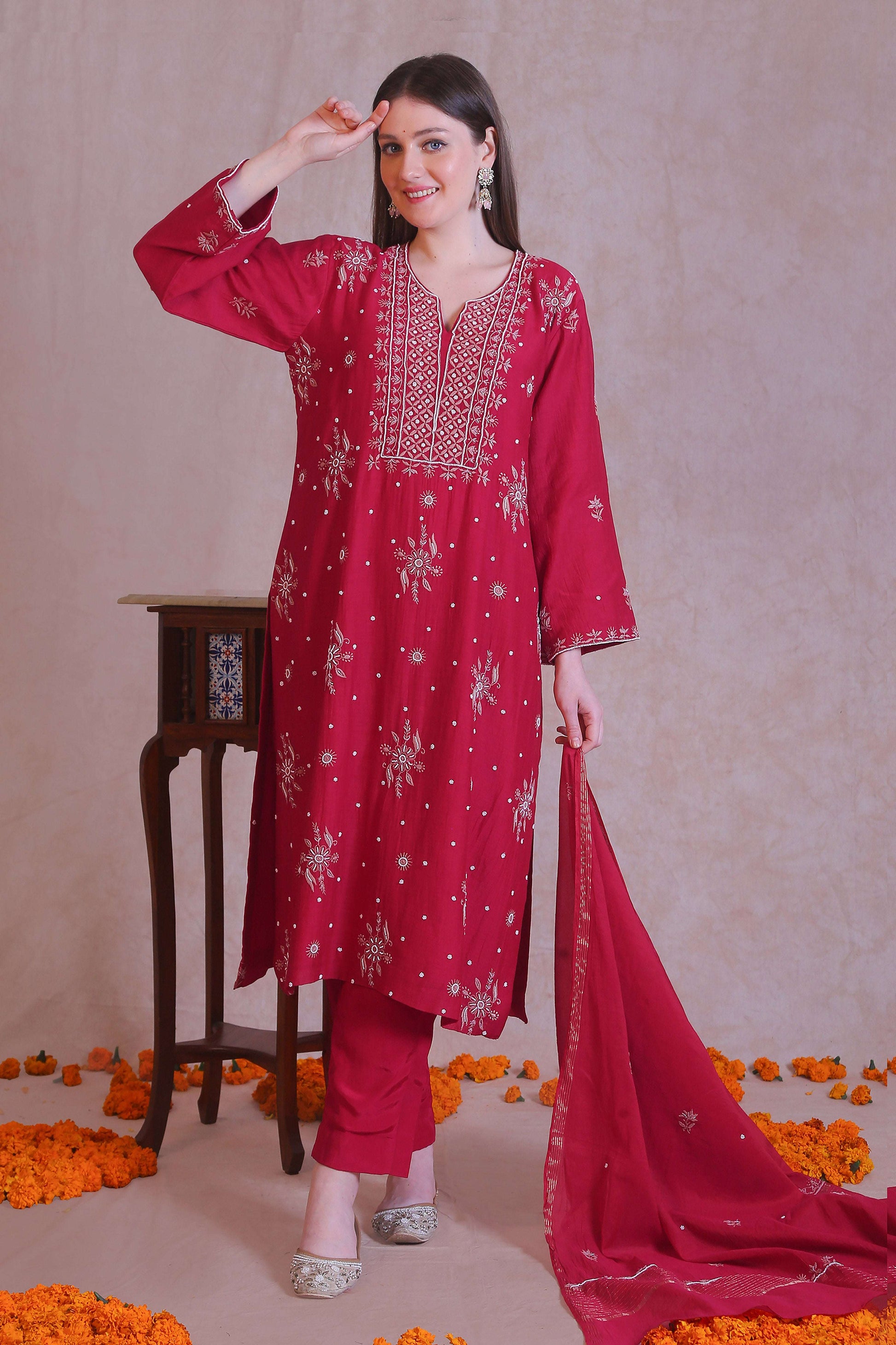 Hot Pink Chanderi silk suit set 