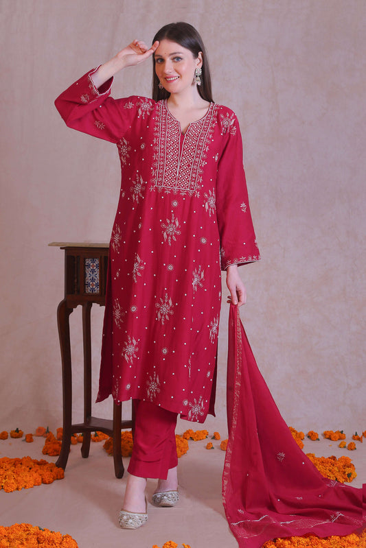 Hot Pink Chanderi silk suit set 
