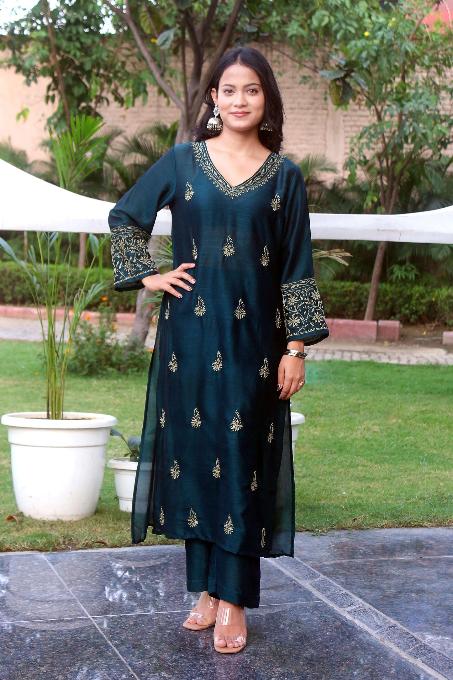 Charmi Emerald Green Chikankari Kurta Set - V Neck
