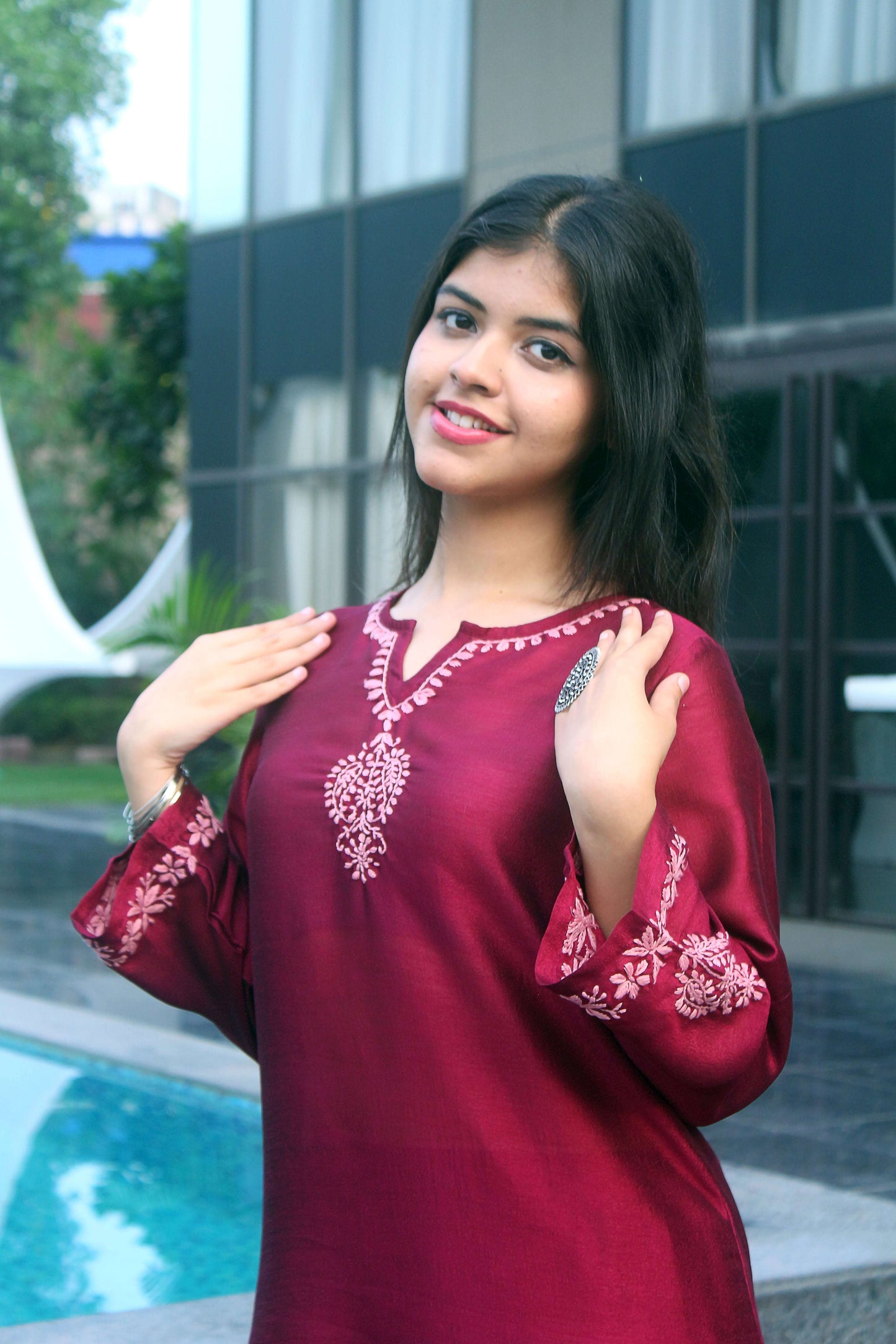 Soft pink Embroidered notch neck design