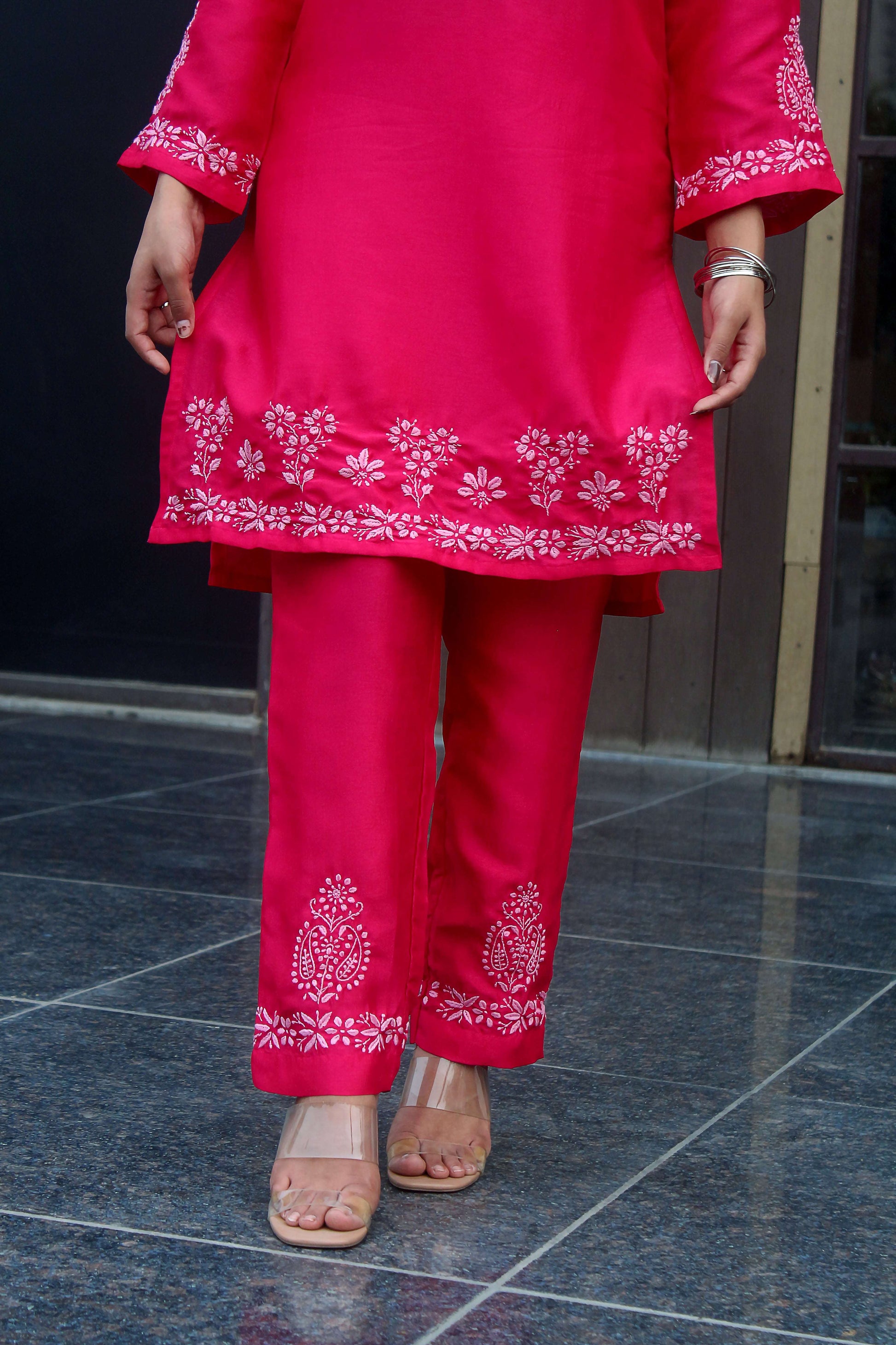 Izma Chikankari Kurta Set with  Pink Embroidery - Notch Neck