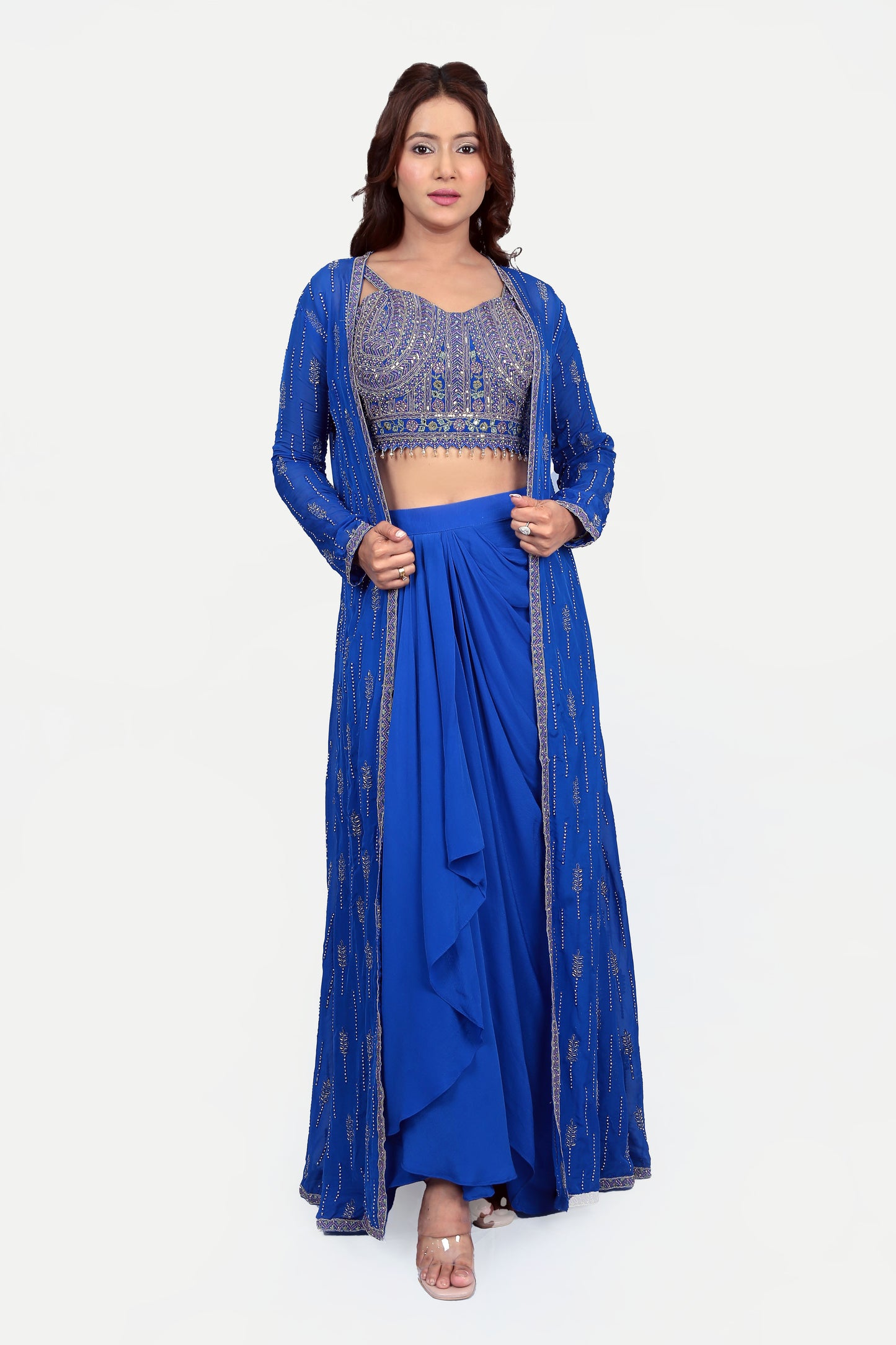 Blue Zari Work Pure Crepe Skirt , Crop Top And Cape Set