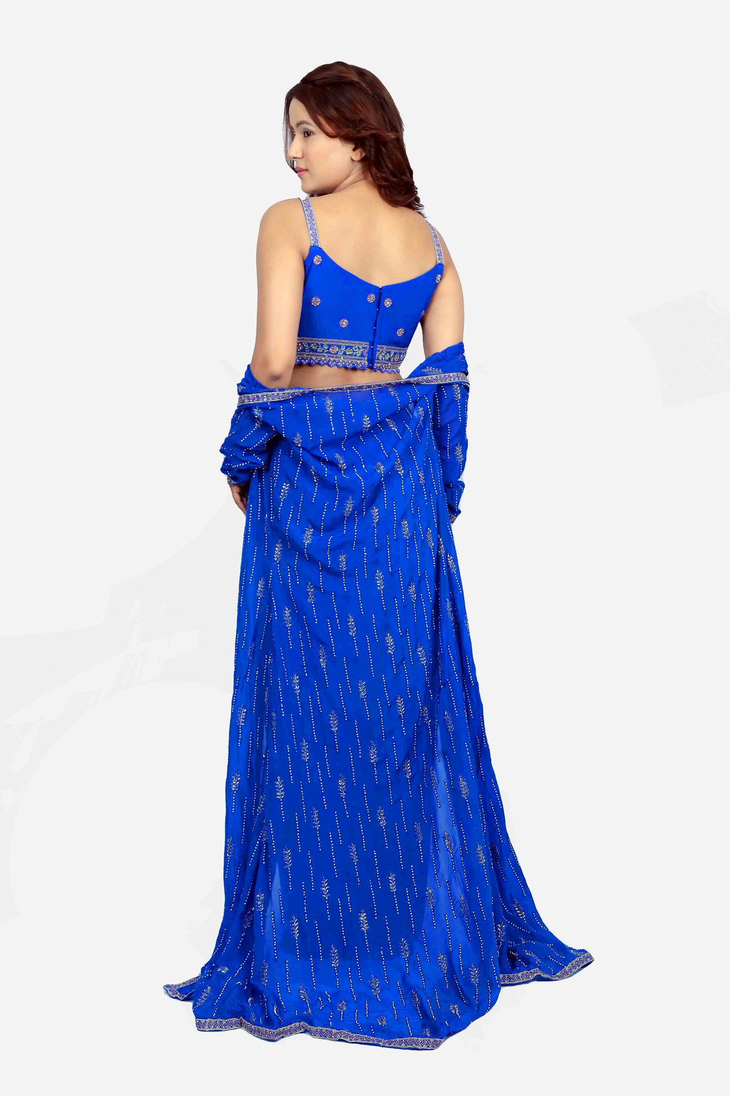 Blue Zari Work Pure Crepe Skirt , Crop Top And Cape Set