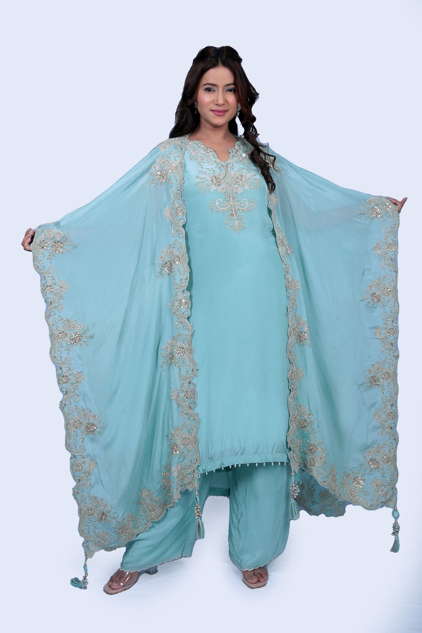 Zardozi Work Cape Set With Embellished Kurta And Bottom Set