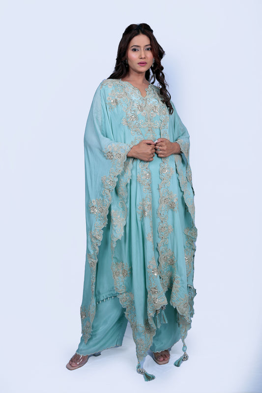 Zardozi Work Cape Set With Embellished Kurta And Bottom Set