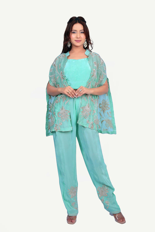 Trendy Pure Organza Satin Cape Set With Embellished Pants