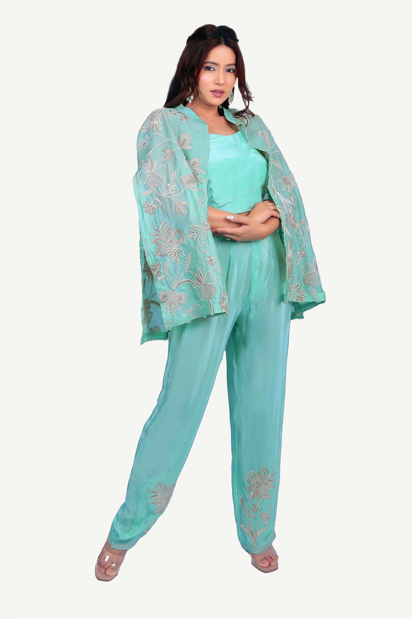 Trendy Pure Organza Satin Cape Set With Embellished Pants