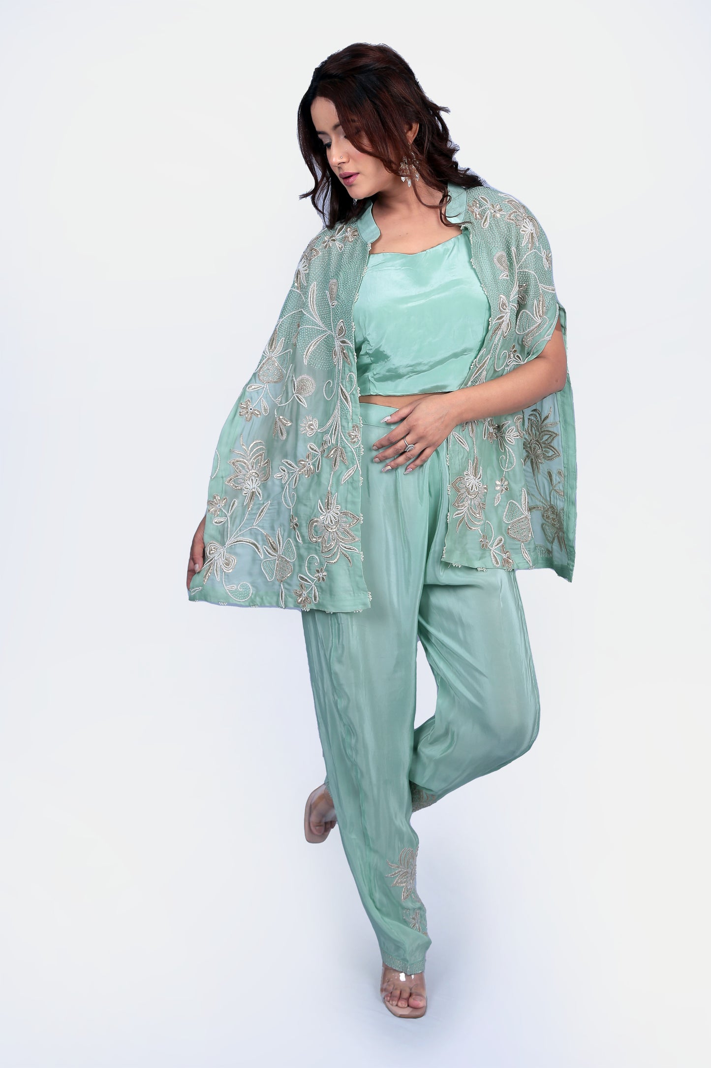 Trendy Pure Organza Satin Cape Set With Embellished Pants