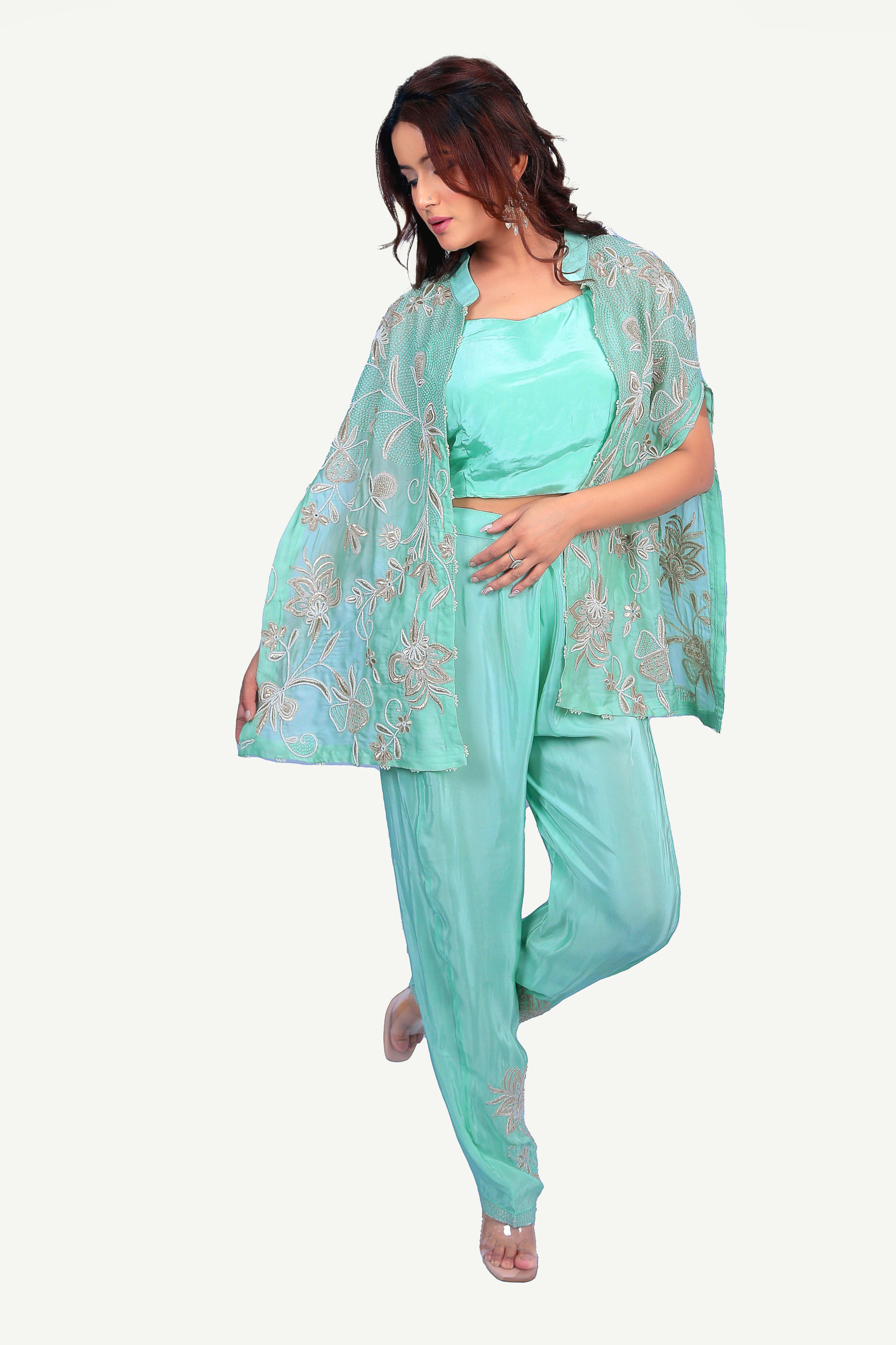 Trendy Pure Organza Satin Cape Set With Embellished Pants