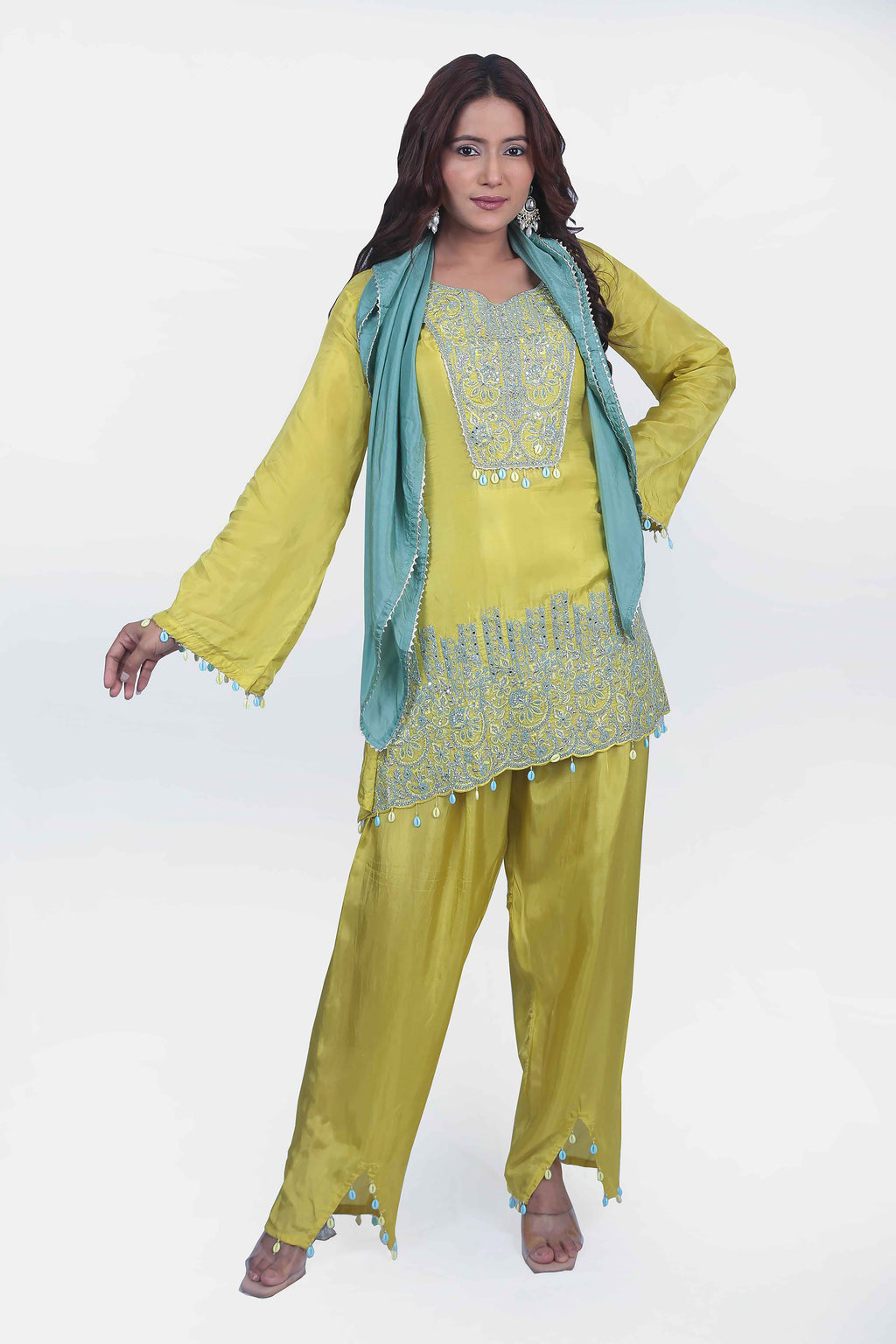 Butter yellow hand-embroidered long-sleeved short kurti and pant set
