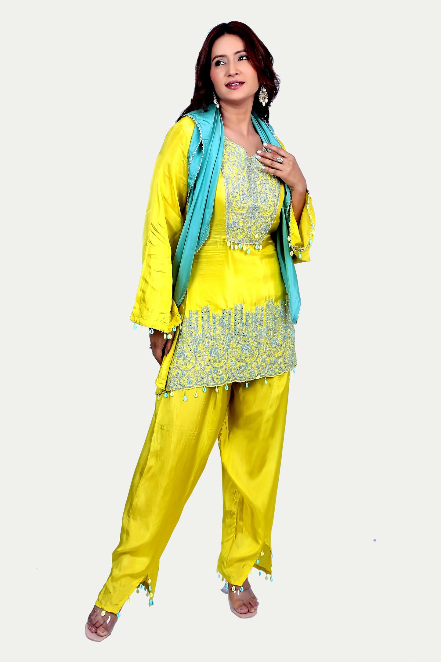 Enchanting Butter Yellow Co ord Set With Scarf