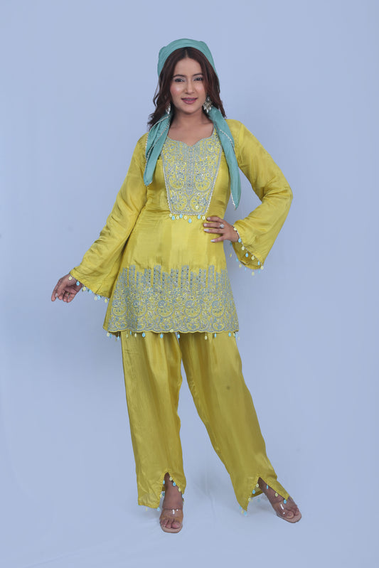 Enchanting Butter Yellow Co ord Set With Scarf