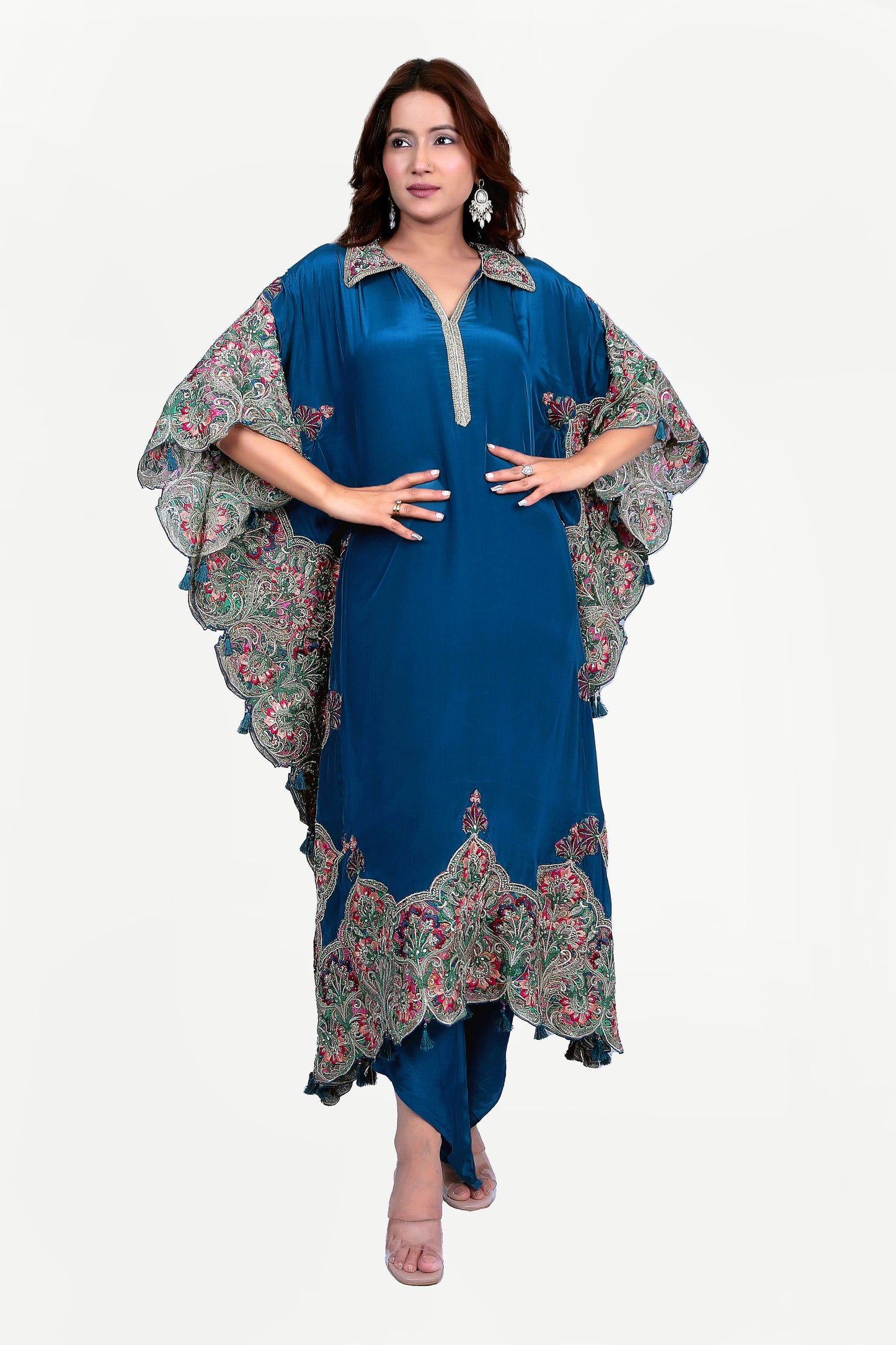 Detailed Patchwork Silk Kaftan Set With Dhoti