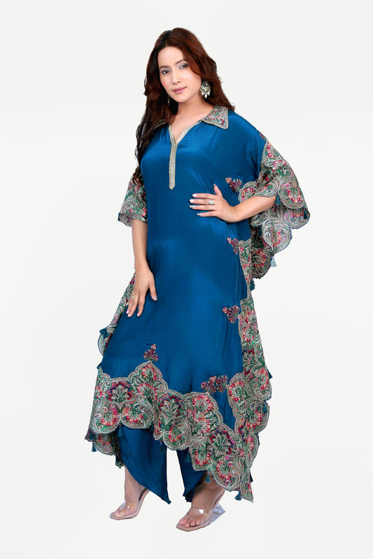 Detailed Patchwork Silk Kaftan Set With Dhoti