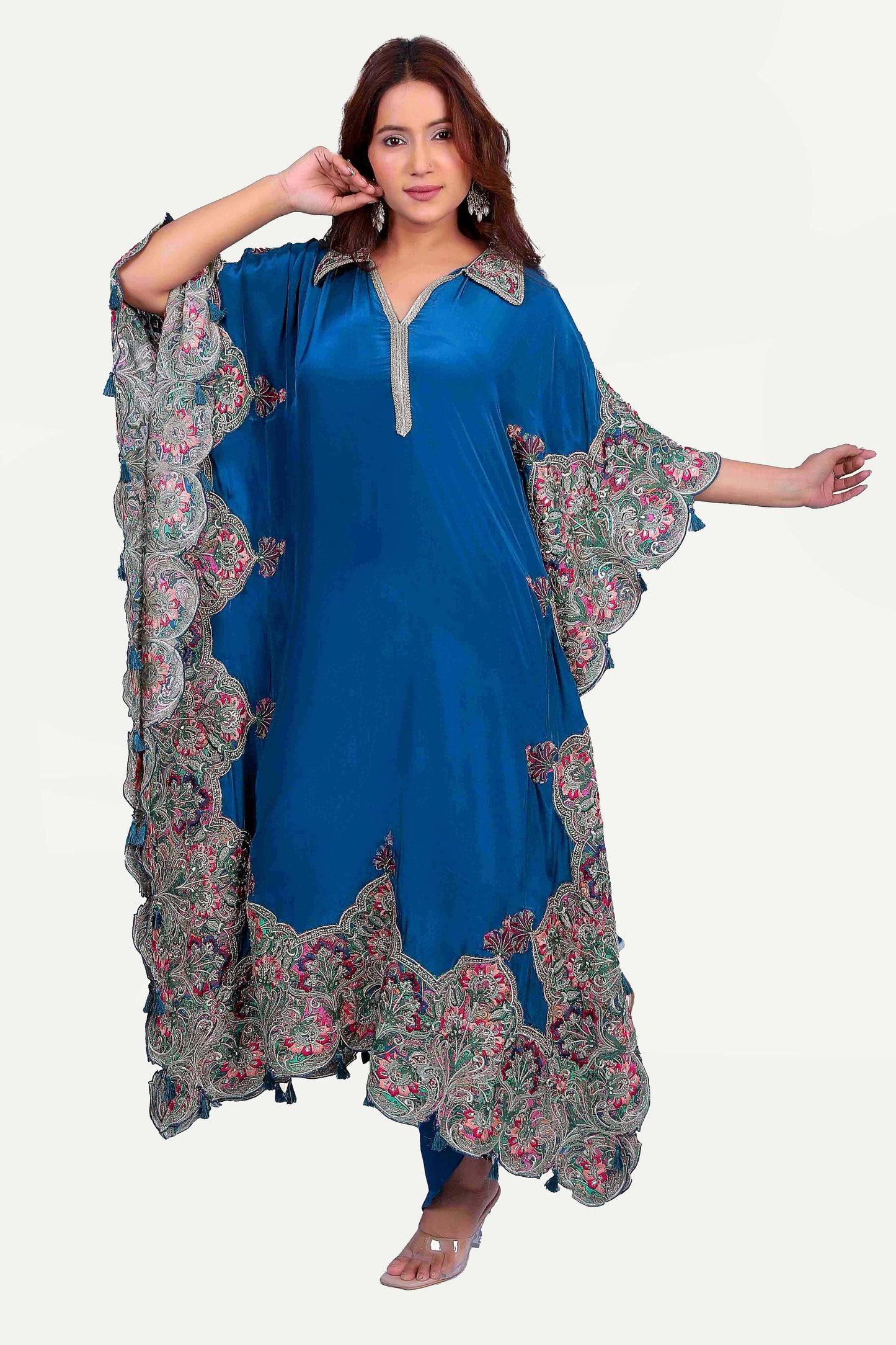 Detailed Patchwork Silk Kaftan Set With Dhoti