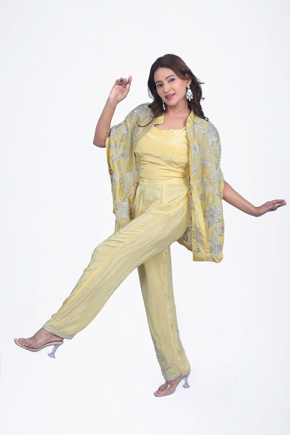 butter yellow crop top, embroidered pant and cape set 