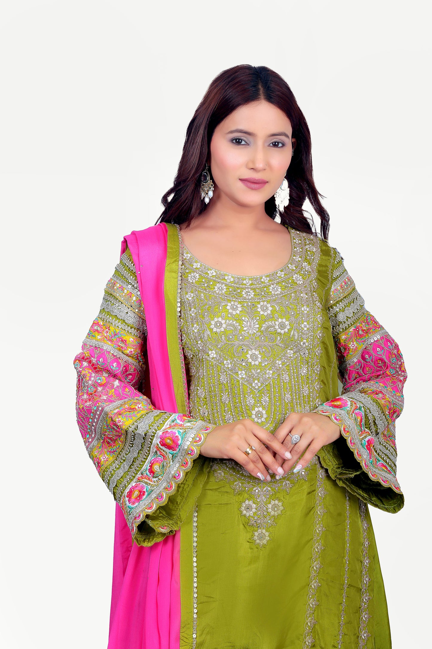 Premium Silk Green Bell Sleeve Kurta Set With Bright Pink Dupatta